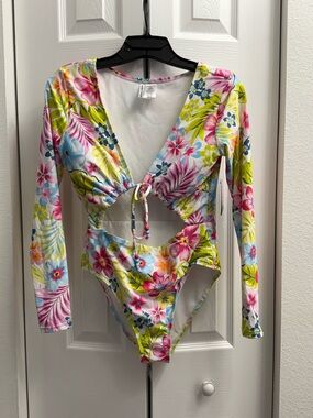 Celebrity Pink Bright Floral Rashguard One-Piece Swimsuit